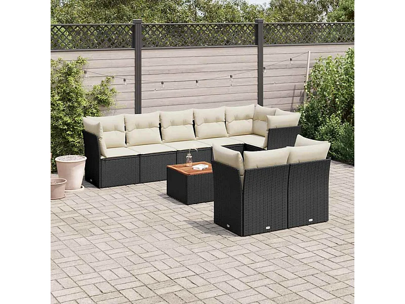 Salon de jardin 9 pcs avec coussins noir résine tressée