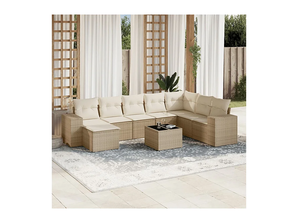 Salon de jardin avec coussins 9 pcs beige résine tressée