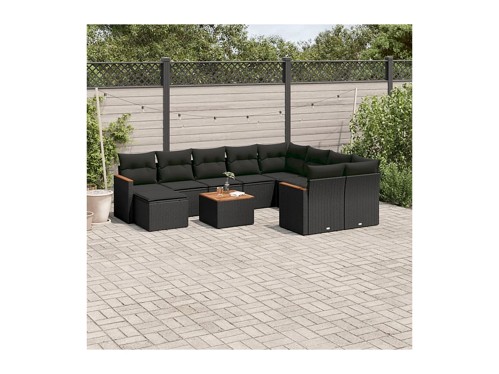 Salon de jardin 11 pcs avec coussins noir résine tressée