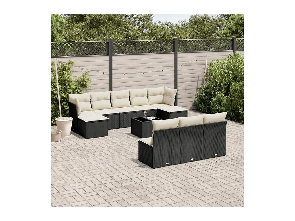 11-tlg. Garten-Sofagarnitur mit Kissen Schwarz Poly Rattan