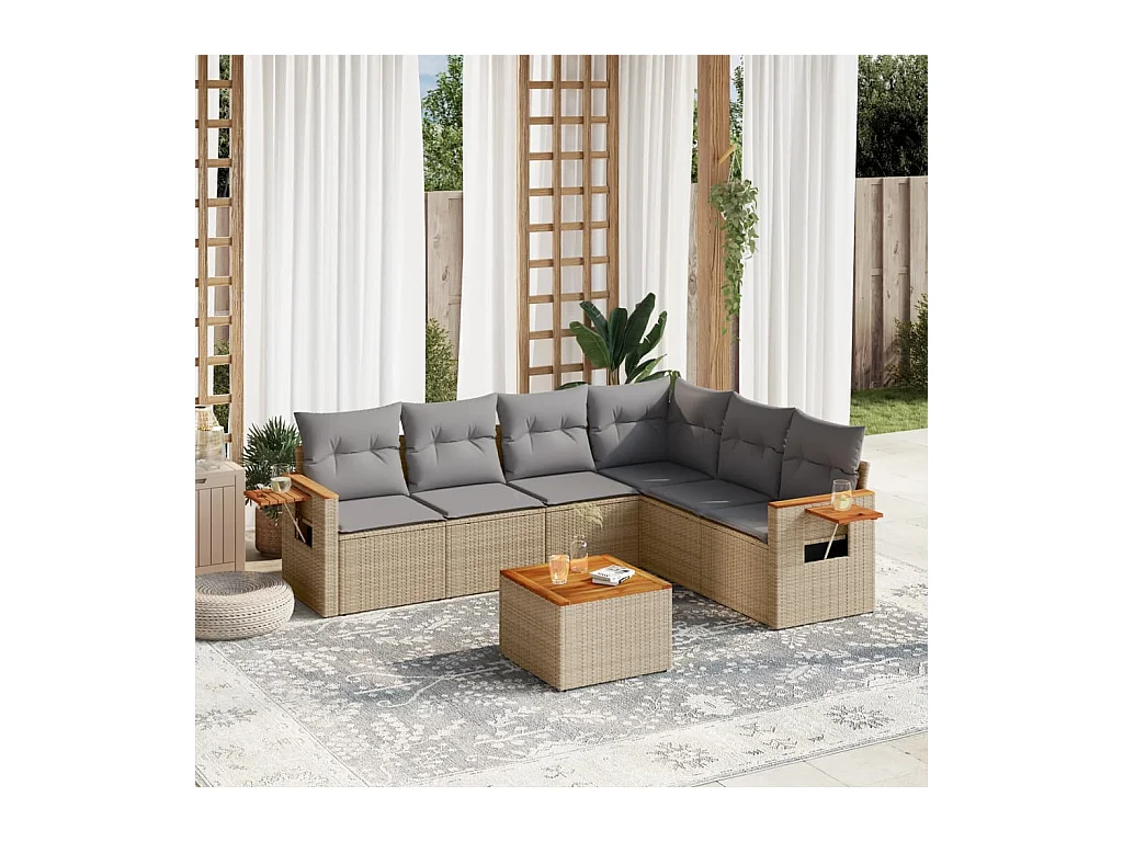 7-tlg. Garten-Sofagarnitur mit Kissen Beige Poly Rattan