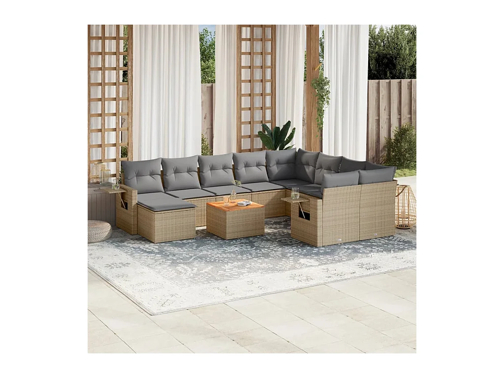 Salon de jardin et coussins 11 pcs mélange beige résine tressée