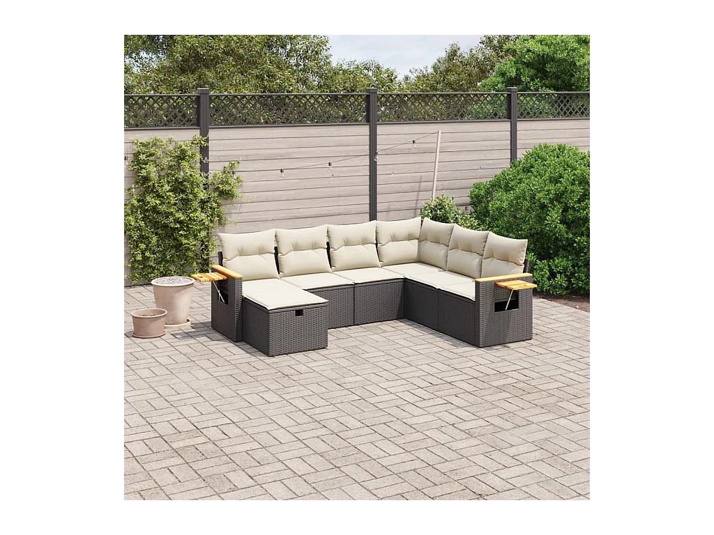 7-delige Loungeset met kussens poly rattan zwart