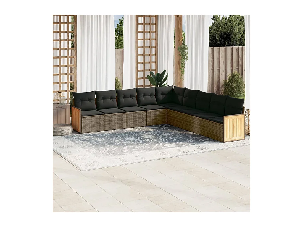 9-tlg. Garten-Sofagarnitur mit Kissen Grau Poly Rattan