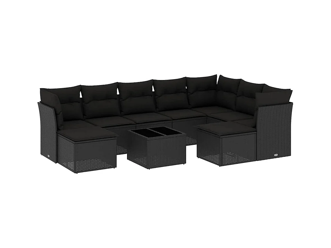 Set Divani da Giardino 10pz con Cuscini in Polyrattan Nero