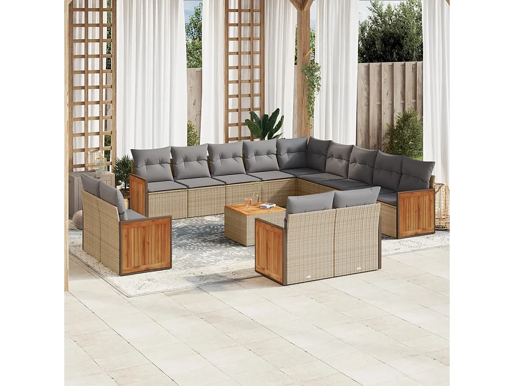 Set Divani da Giardino 14pz con Cuscini in Polyrattan Beige