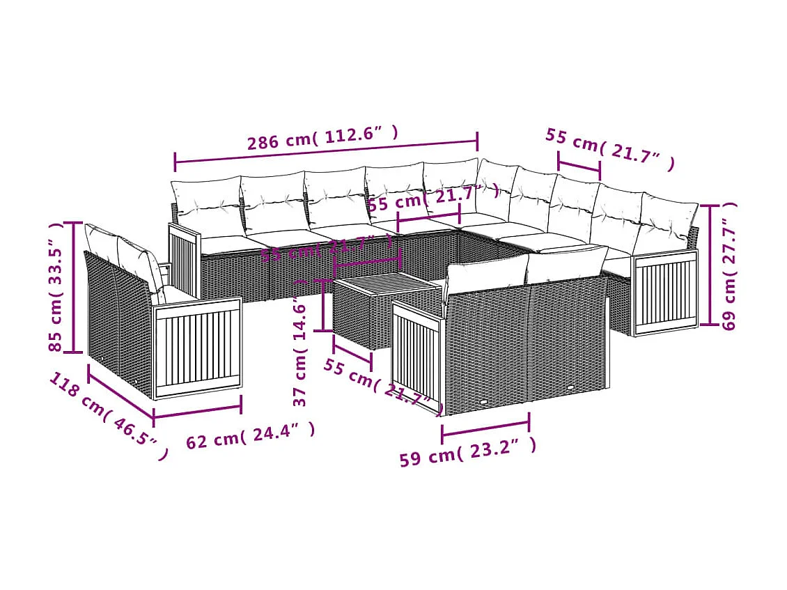 Set Divani da Giardino 14pz con Cuscini in Polyrattan Beige