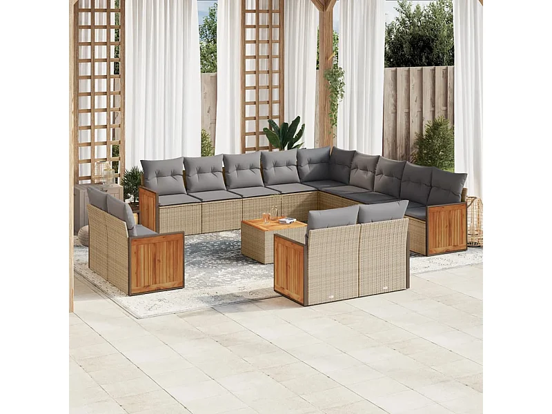 Set Divani da Giardino 14pz con Cuscini in Polyrattan Beige