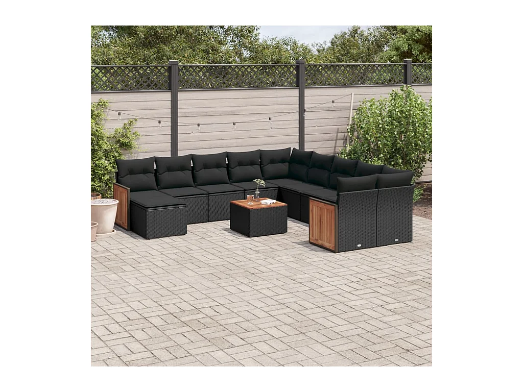 Set Divani da Giardino 12 pz con Cuscini Nero in Polyrattan