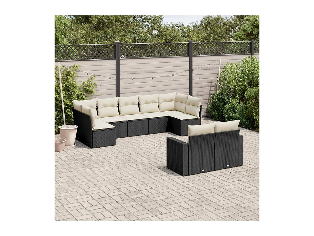 9-delige Loungeset met kussens poly rattan zwart