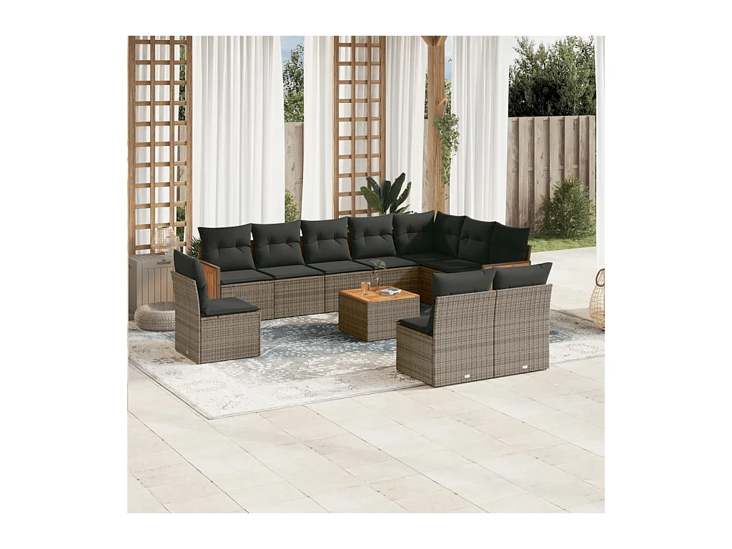 Salon de jardin 11 pcs avec coussins gris résine tressée