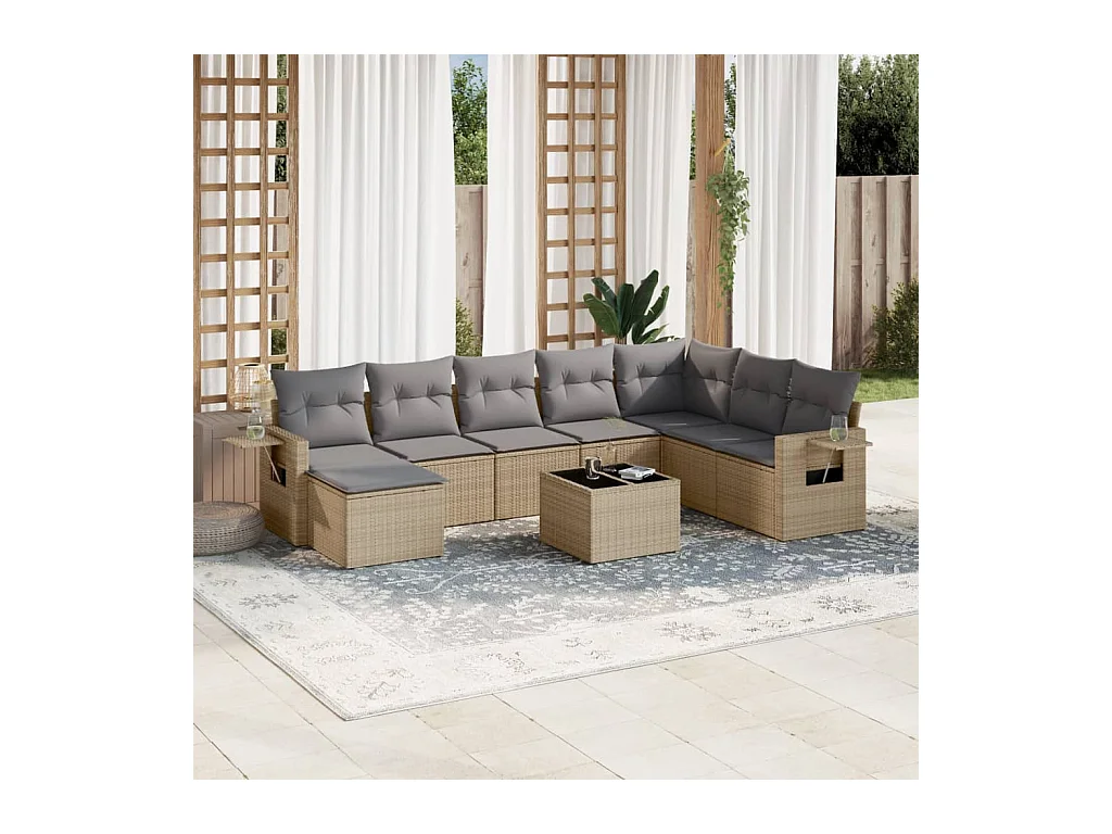 9-tlg. Garten-Sofagarnitur mit Kissen Beige Poly Rattan
