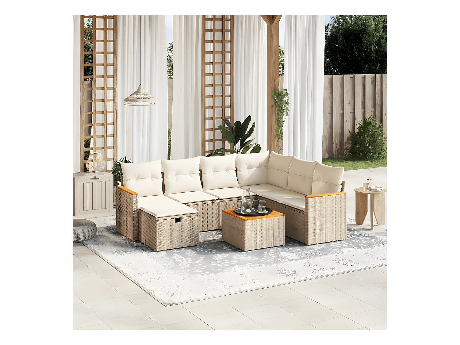 Salon de jardin avec coussins 8 pcs beige résine tressée
