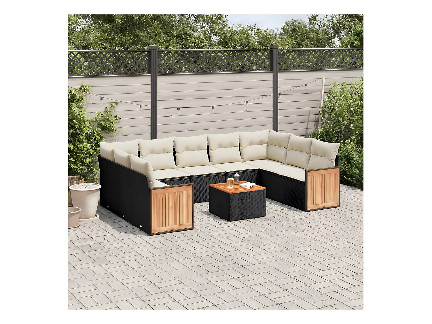 Salon de jardin 10 pcs avec coussins noir résine tressée