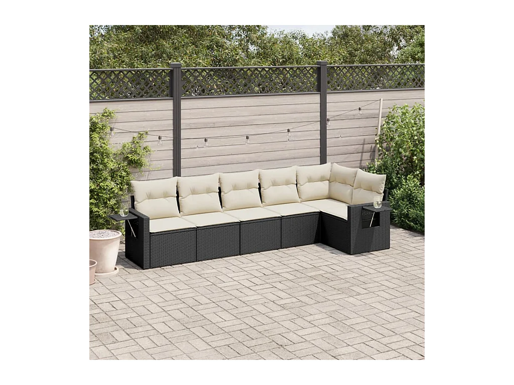 6-delige Loungeset met kussens poly rattan zwart