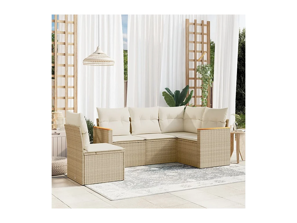 Set Divano da Giardino 5 pz con Cuscini Beige in Polyrattan