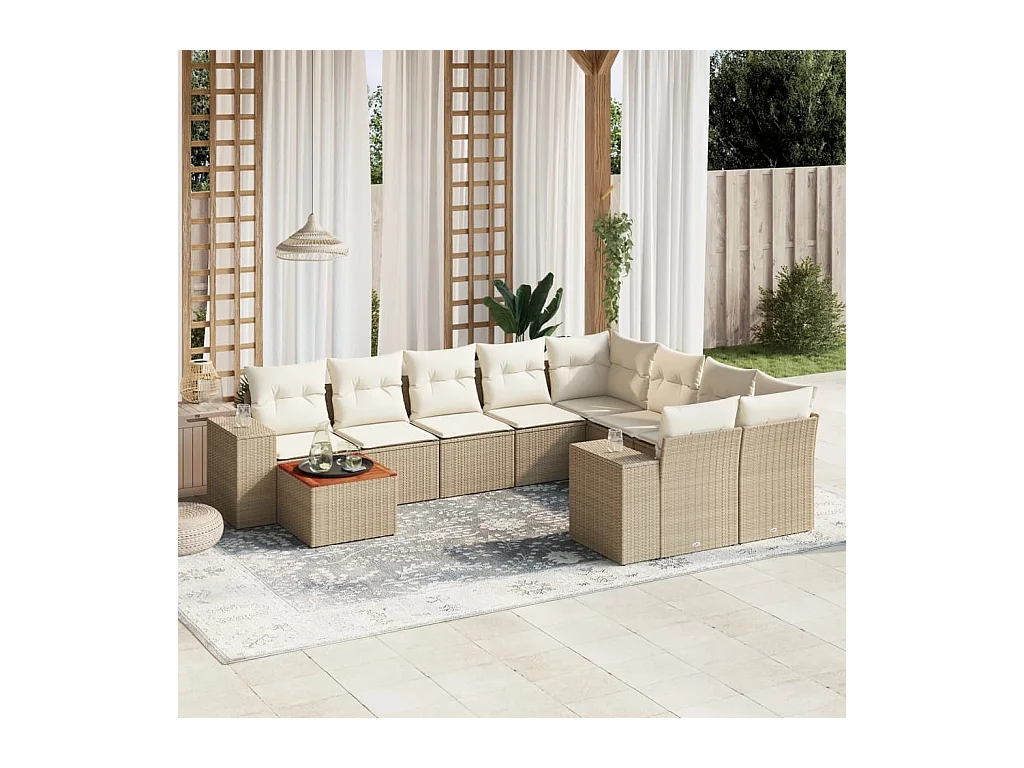 Salon de jardin avec coussins 10 pcs beige résine tressée