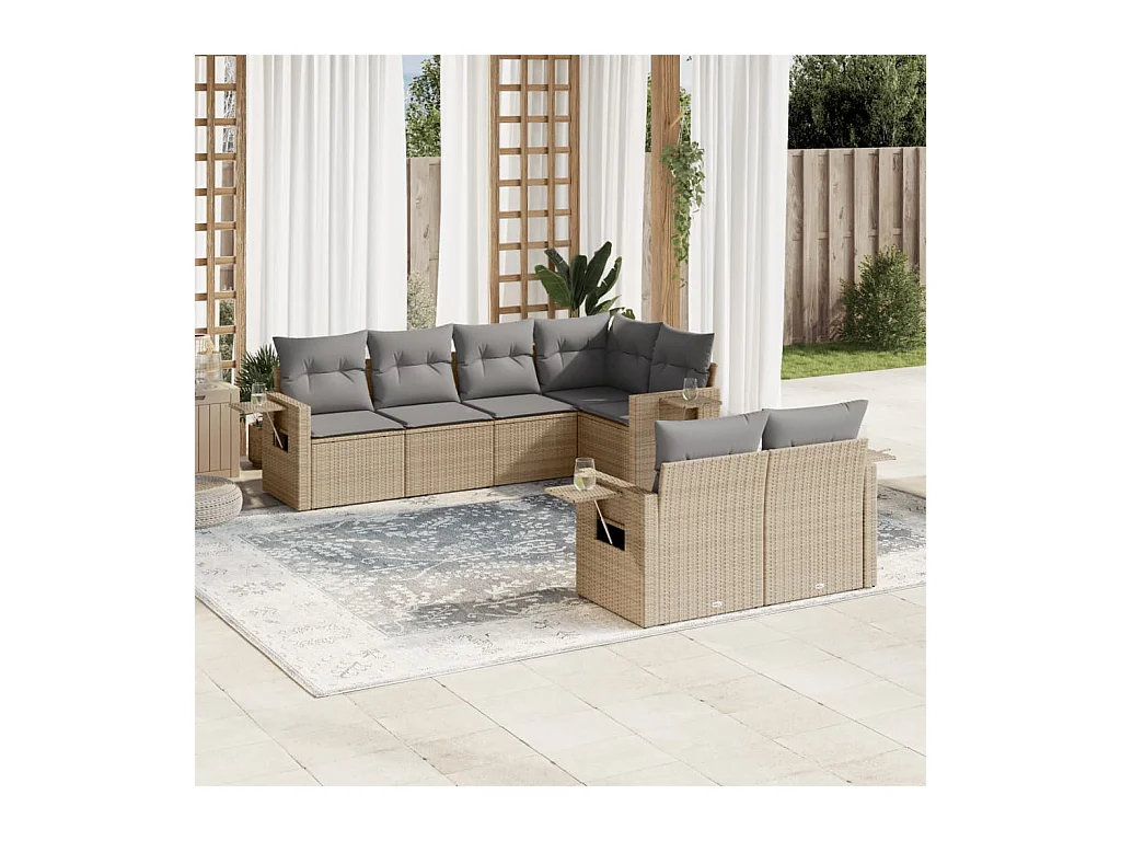 7-delige Loungeset met kussens poly rattan beige