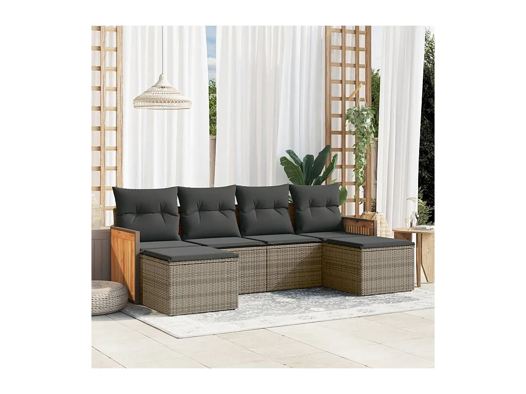 Salon de jardin 6 pcs avec coussins gris résine tressée