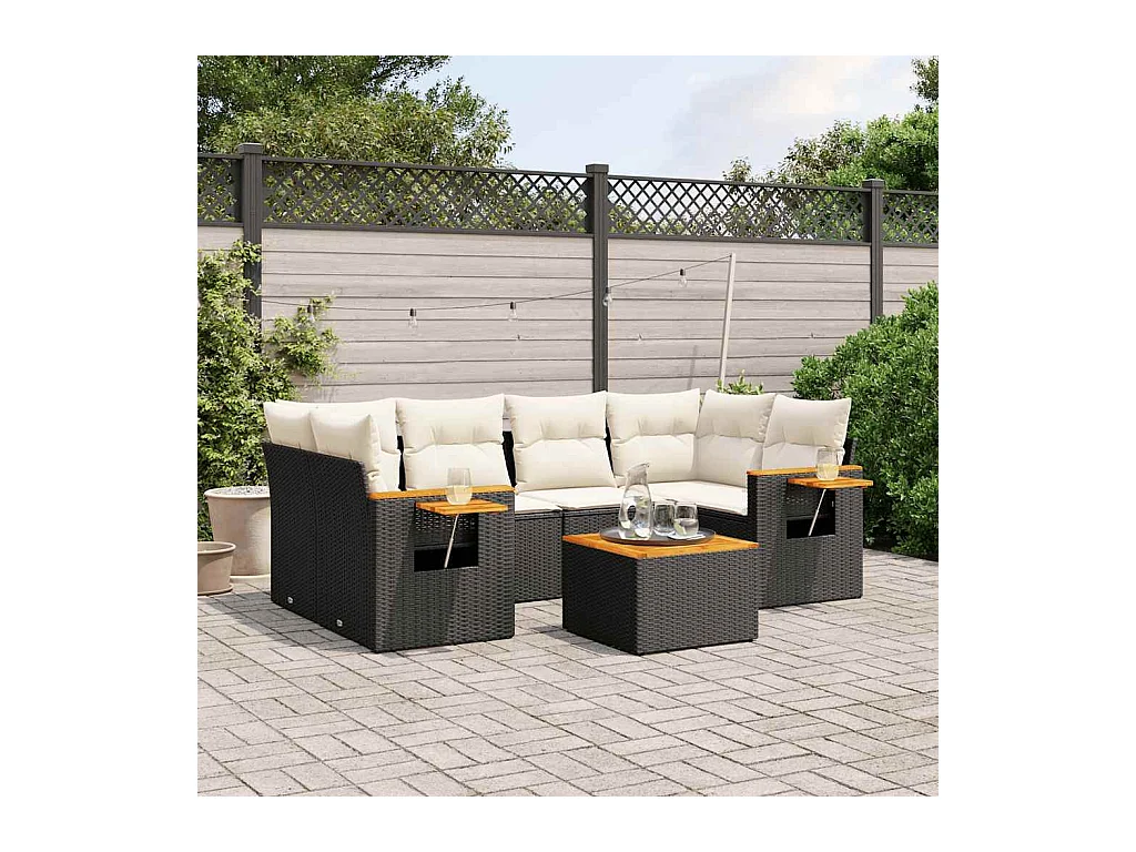 7-tlg. Garten-Sofagarnitur mit Kissen Schwarz Poly Rattan