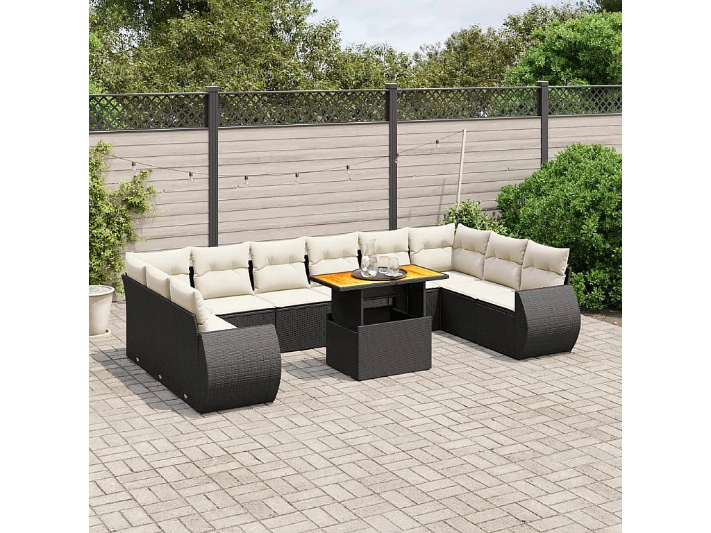 11-delige Loungeset met kussens poly rattan zwart