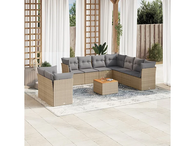 Set Divano da Giardino 11 pz con Cuscini Beige Misto Polyrattan