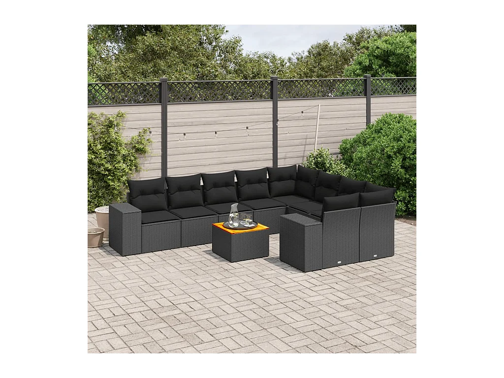 Set Divani da Giardino 10pz con Cuscini in Polyrattan Nero