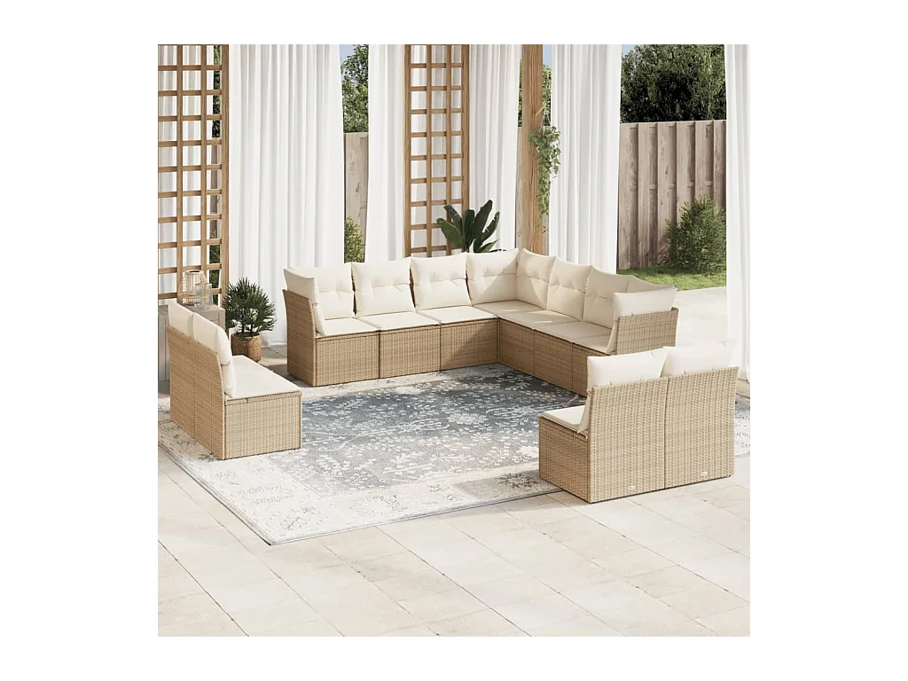 Salon de jardin 11 pcs avec coussins beige résine tressée