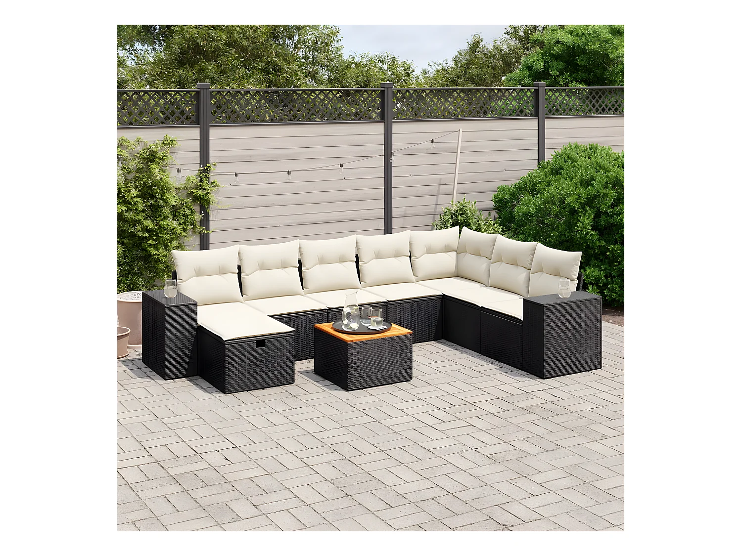 Set Divani da Giardino 9 pz con Cuscini Nero in Polyrattan