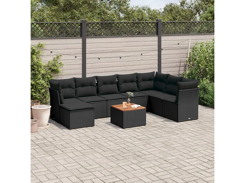 Salon de jardin 9 pcs avec coussins noir résine tressée