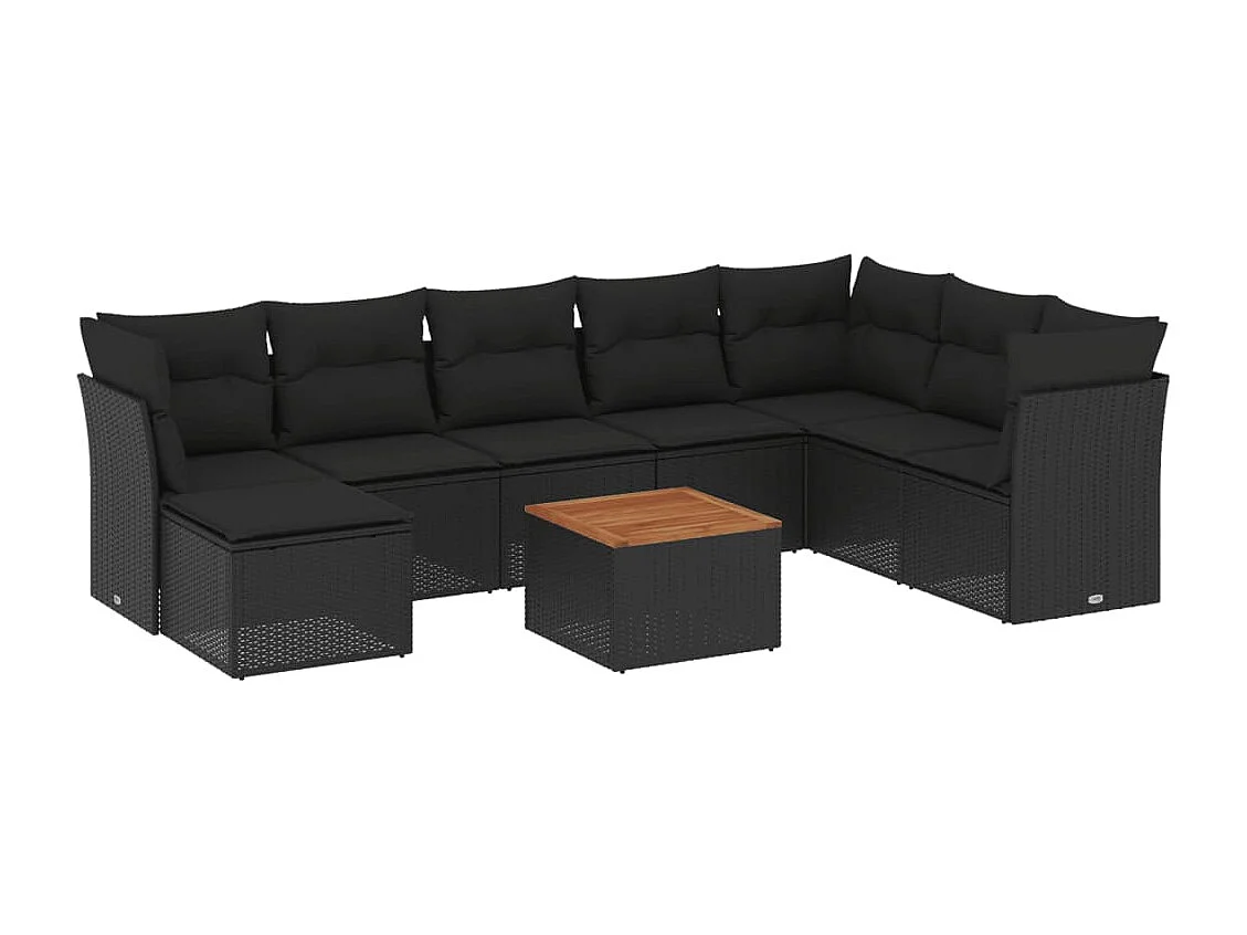 Salon de jardin 9 pcs avec coussins noir résine tressée