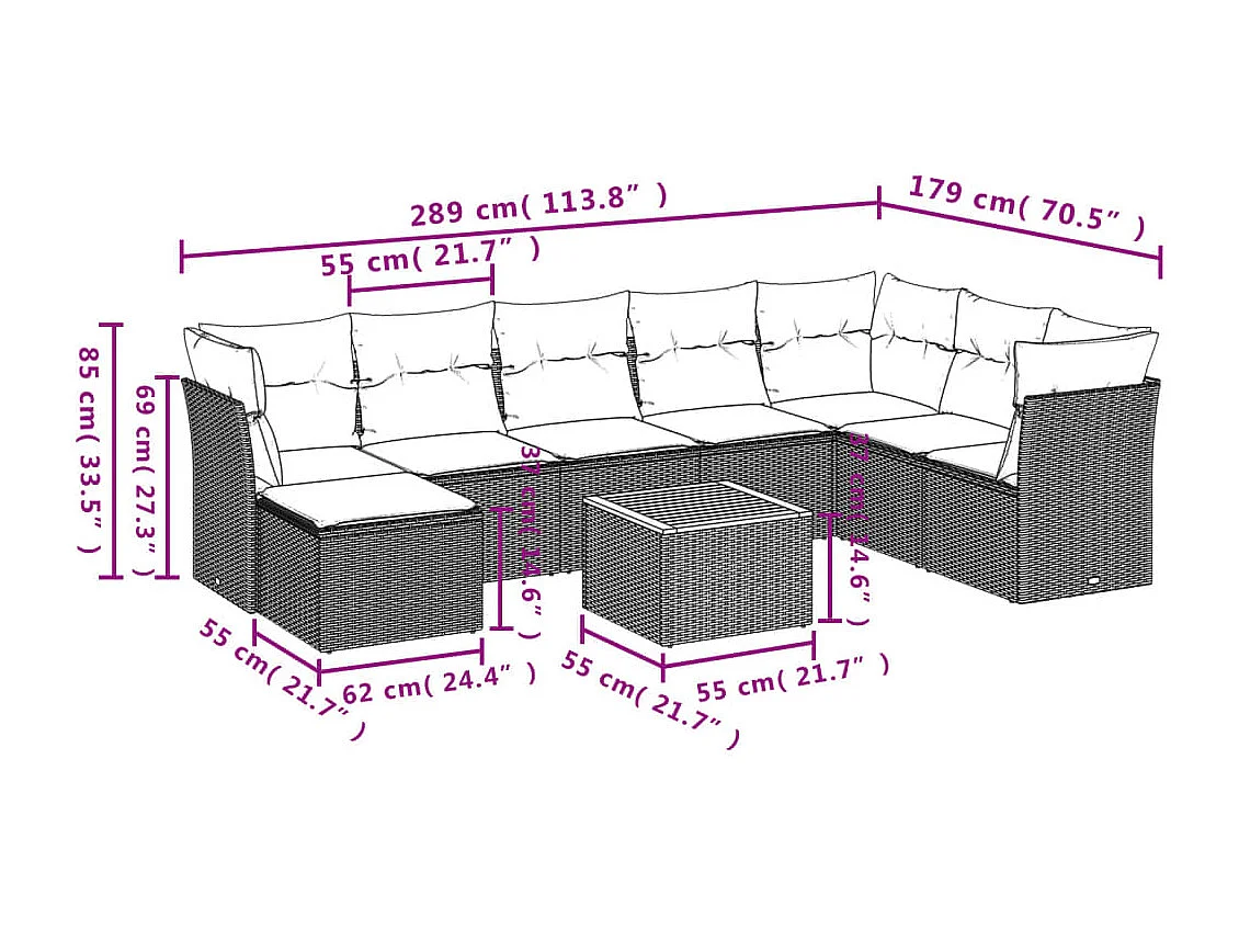 Salon de jardin 9 pcs avec coussins noir résine tressée