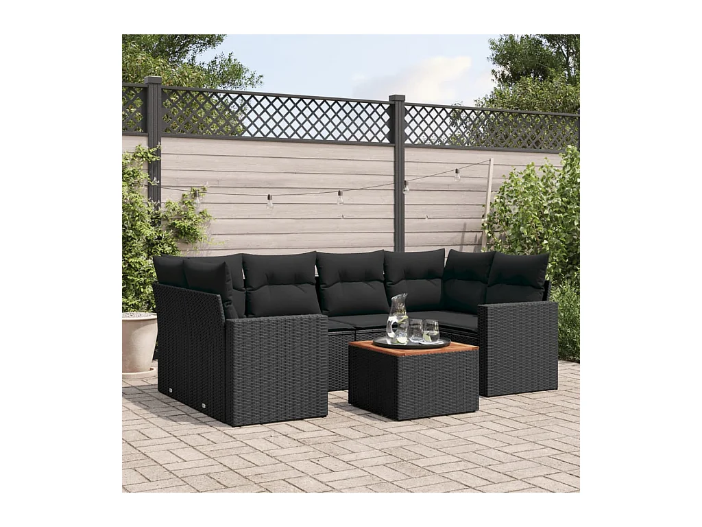 7-tlg. Garten-Sofagarnitur mit Kissen Schwarz Poly Rattan