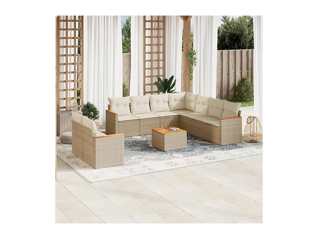 Salon de jardin avec coussins 10 pcs beige résine tressée