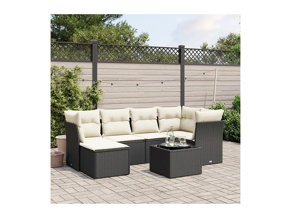 Set de comedor de jardín 7 pzas y cojines ratán sintético negro