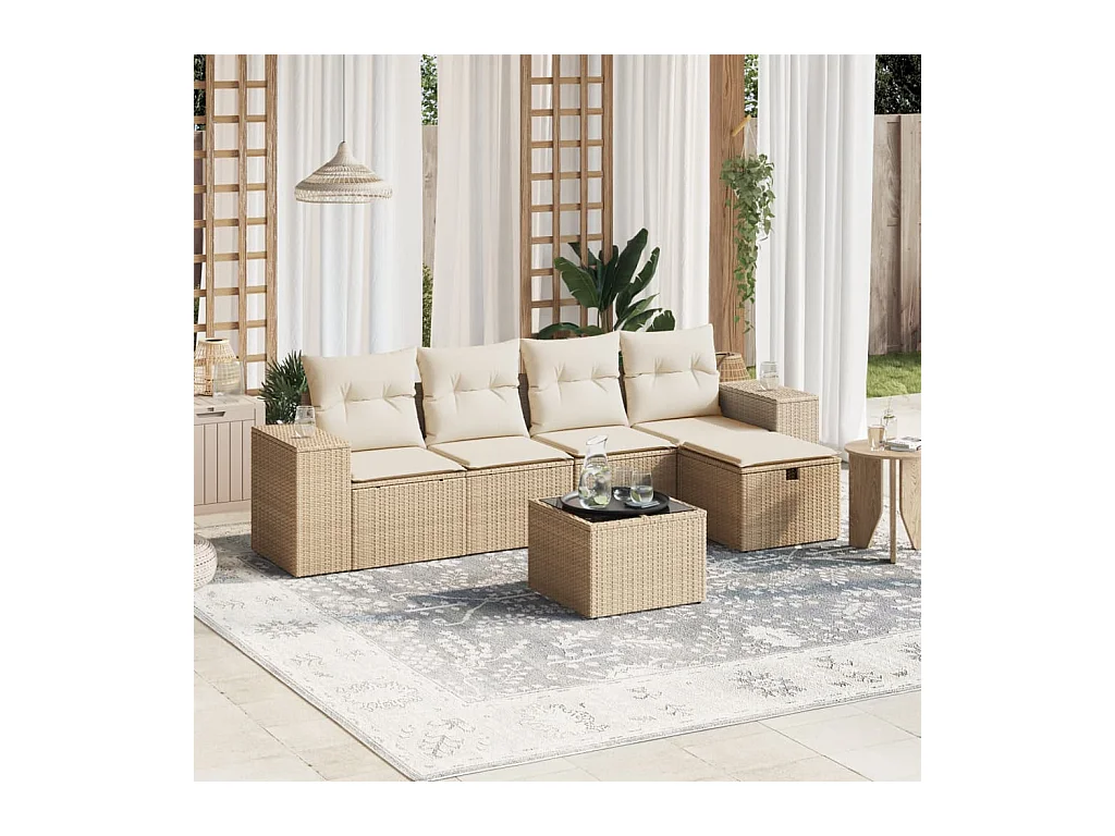 Set Divano da Giardino 6 pz con Cuscini Beige in Polyrattan