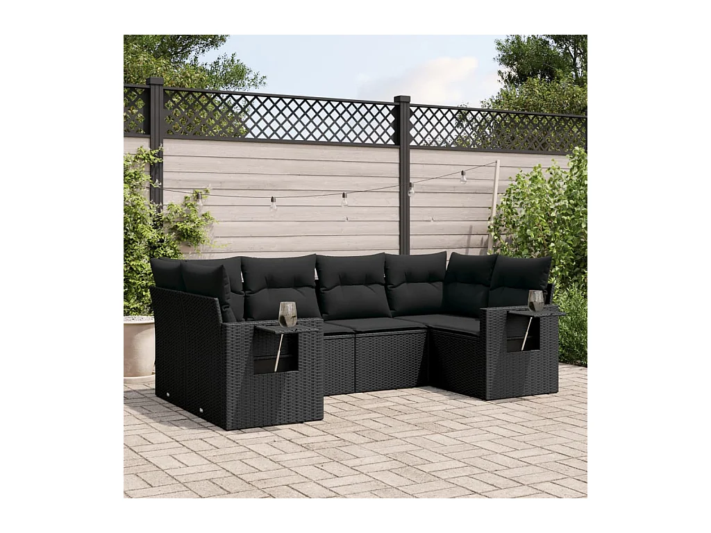 6-delige Loungeset met kussens poly rattan zwart