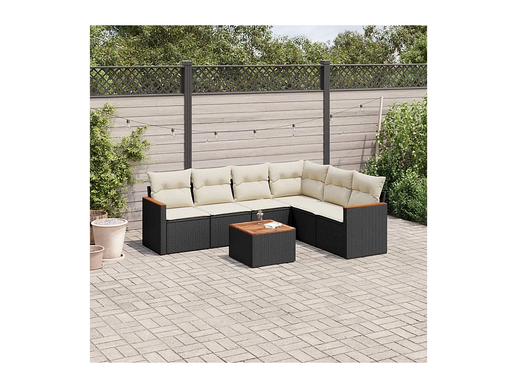 Salon de jardin 7 pcs avec coussins noir résine tressée