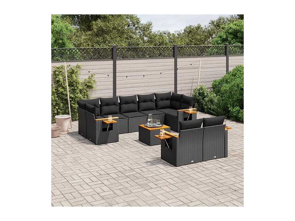 Set Divani da Giardino 10pz con Cuscini in Polyrattan Nero