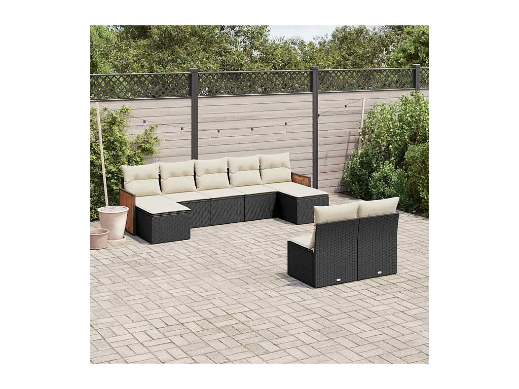 9-delige Loungeset met kussens poly rattan zwart