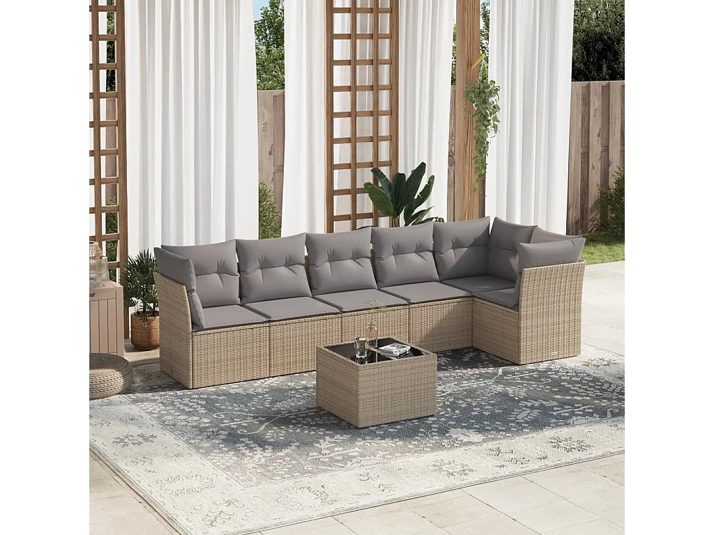 Set Divani da Giardino 7 pz con Cuscini Beige in Polyrattan