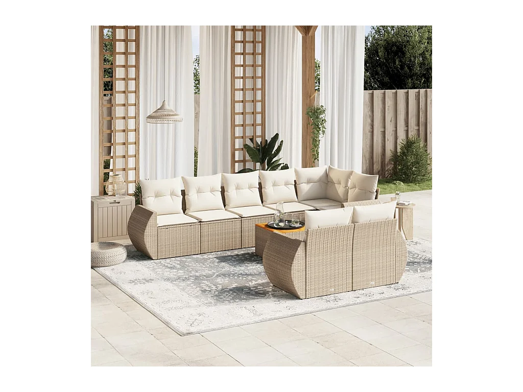 Set Divano da Giardino 9 pz con Cuscini Beige in Polyrattan
