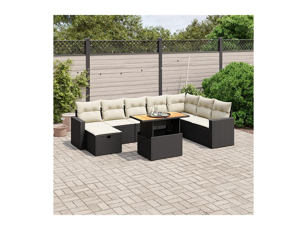 Set Divani da Giardino 9 pz con Cuscini Nero in Polyrattan