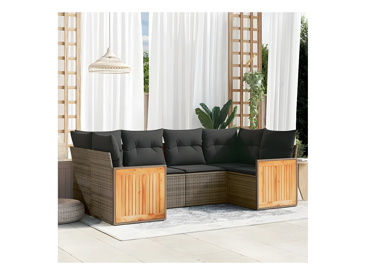 Salon de jardin 6 pcs avec coussins gris résine tressée