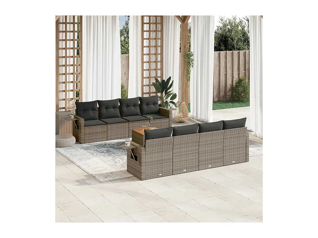 Salon de jardin 9 pcs avec coussins gris résine tressée