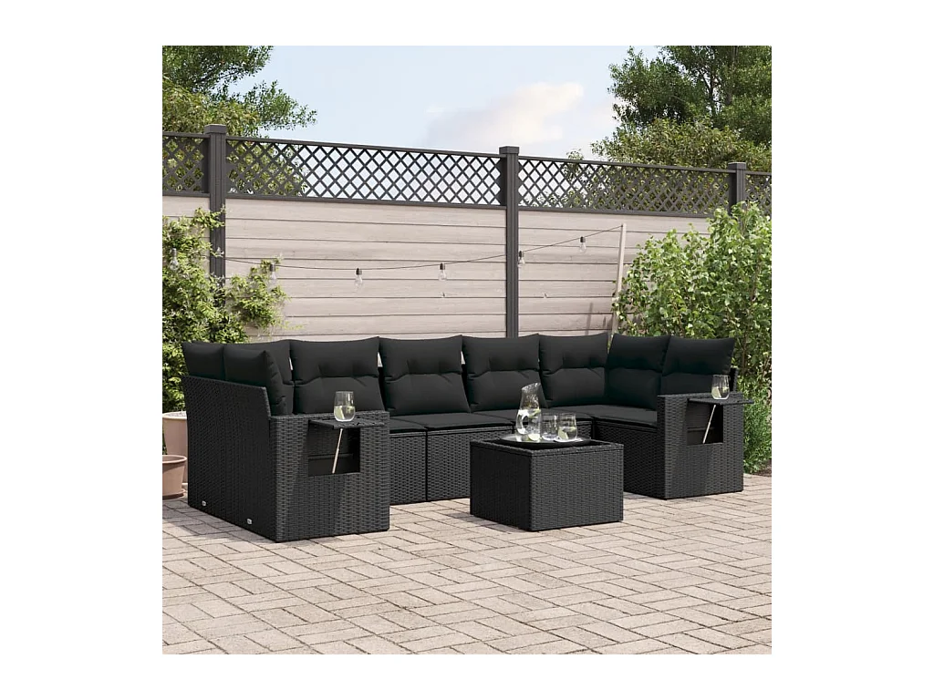 8-delige Loungeset met kussens poly rattan zwart
