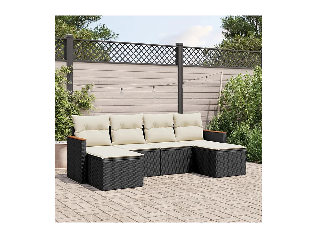 Salon de jardin 6 pcs avec coussins noir résine tressée