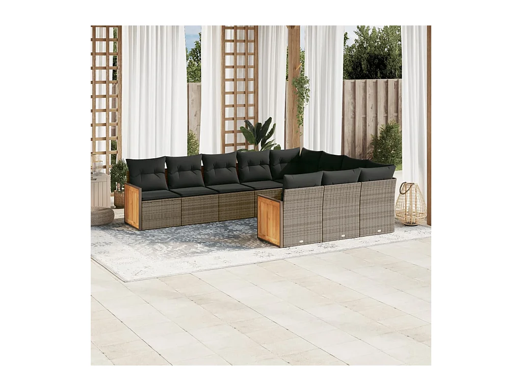 Salon de jardin avec coussins 10 pcs gris résine tressée