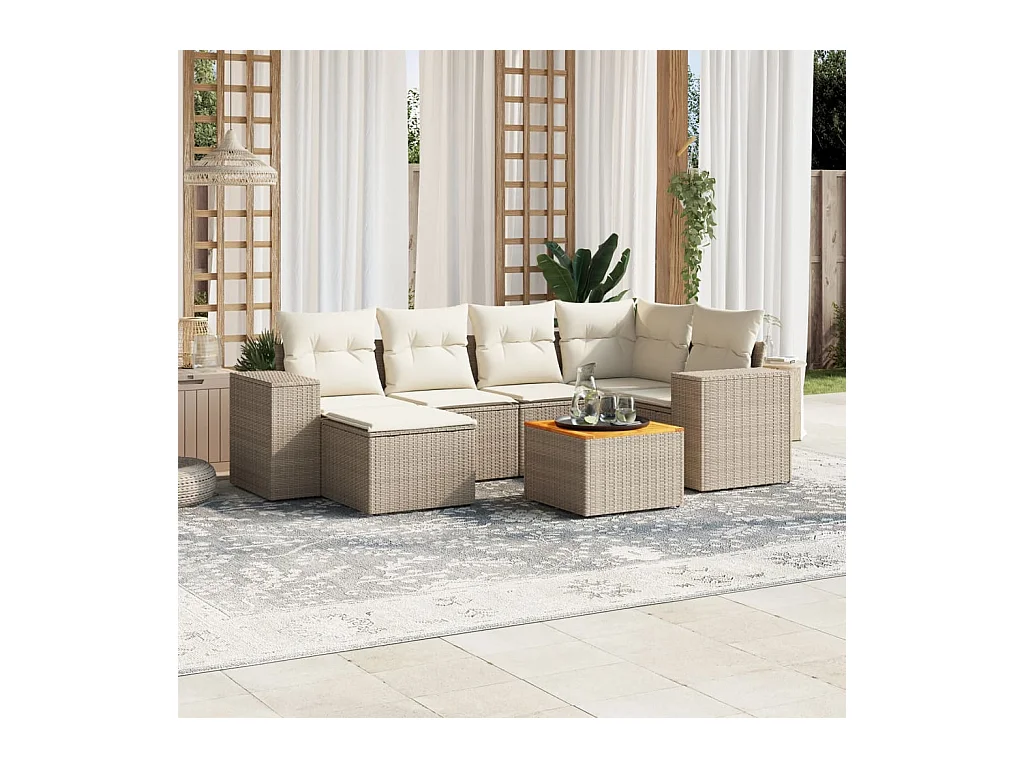 Salon de jardin avec coussins 7 pcs beige résine tressée