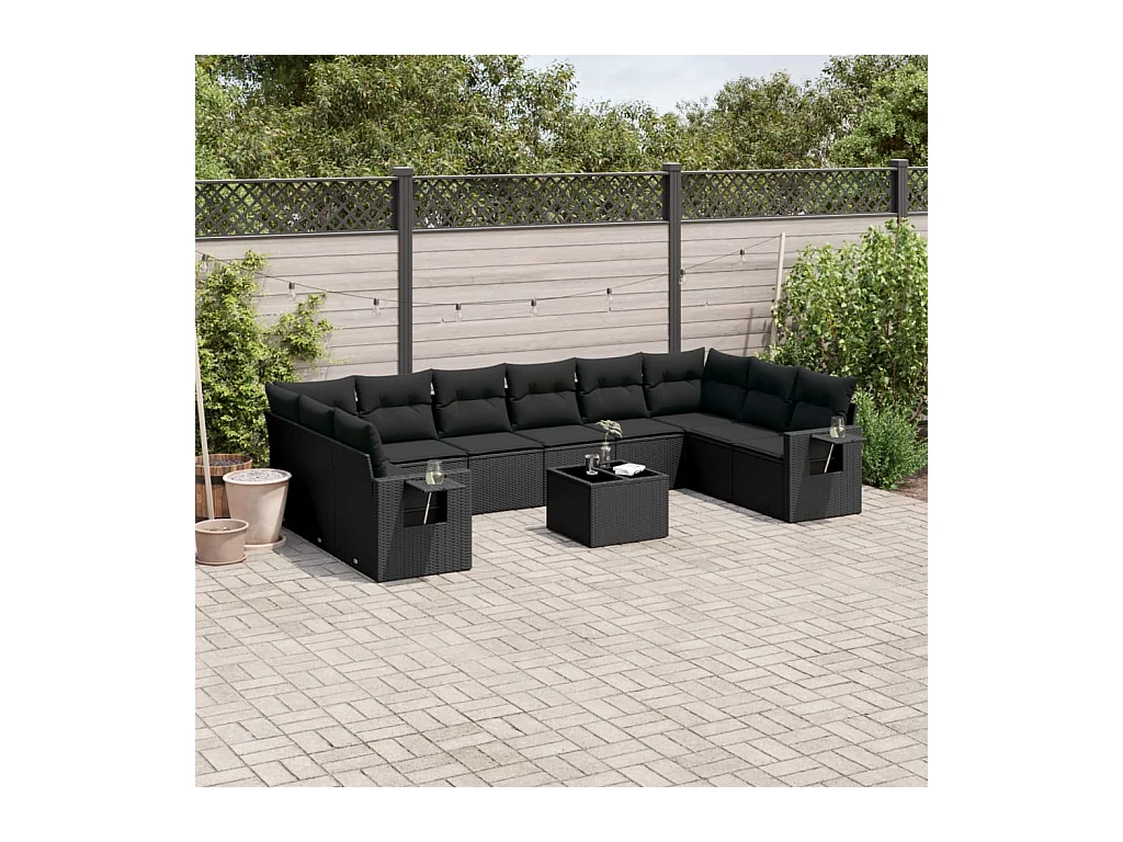 Set Divani da Giardino 11 pz con Cuscini in Polyrattan Nero